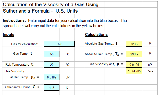 Sutherland Formula Viscosity Calculator Spreadsheet