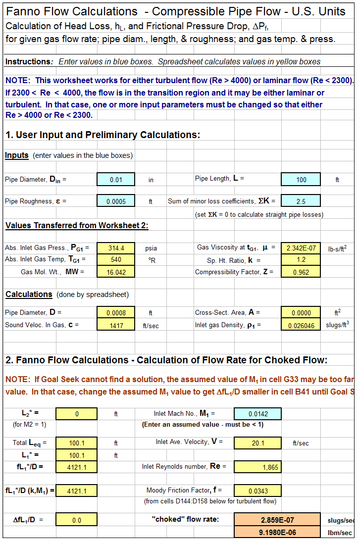 compressible pipe flow calculator spreadsheet screenshot