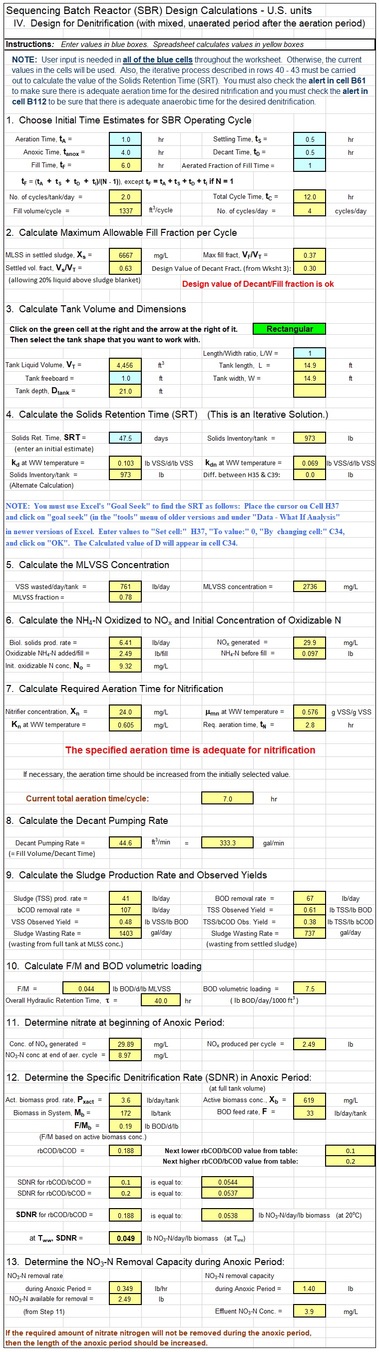 screenshot for SBR denitrification calculations spreadsheet