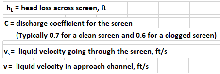 Wastewater Screening Calculations Spreadsheet variables