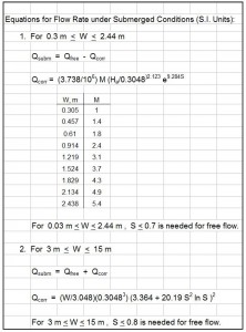 submerged flow equations for Parshall flume discharge calculation - S.I. units